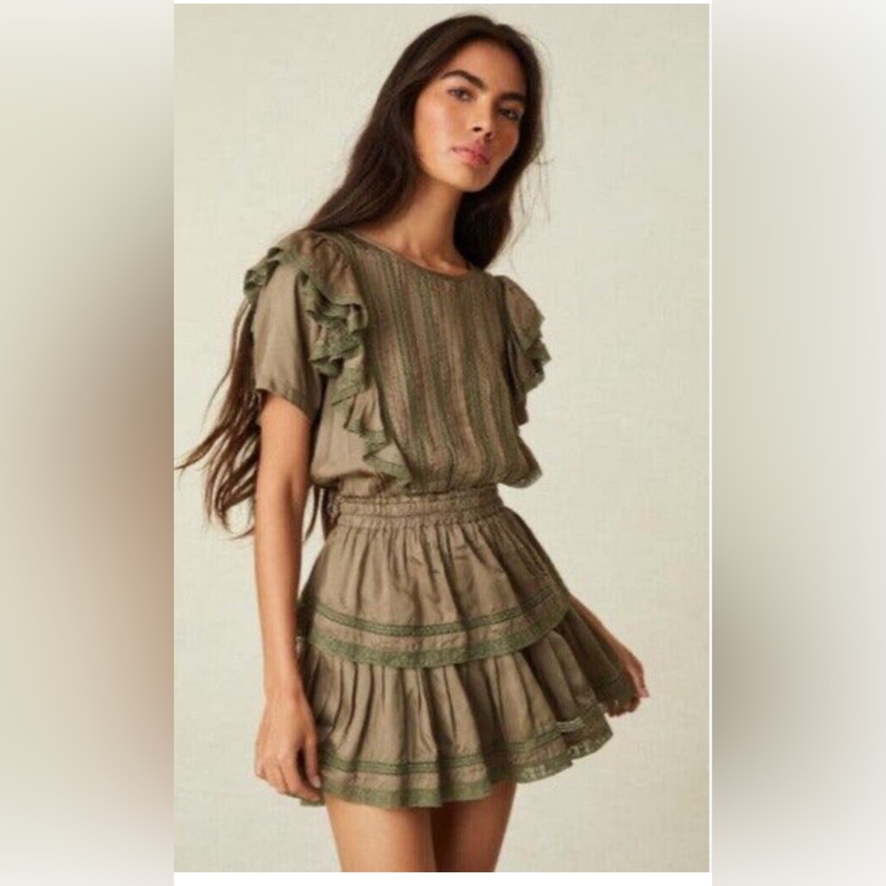 LoveShackFancy Olive-Toned Ruffle Mini Dress
